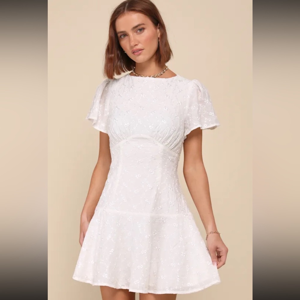 Lulus Memorably Angelic Ivory Embroidered Flutter Sleeve Mini Dress - size M